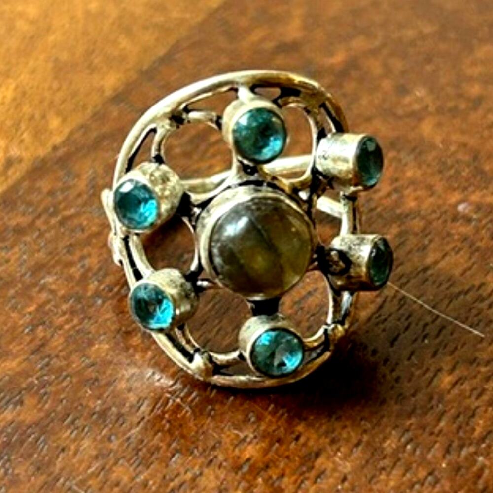 Vintage Sterling Silver Labradorite & Aquamarine Modernist Ring 5.42g
